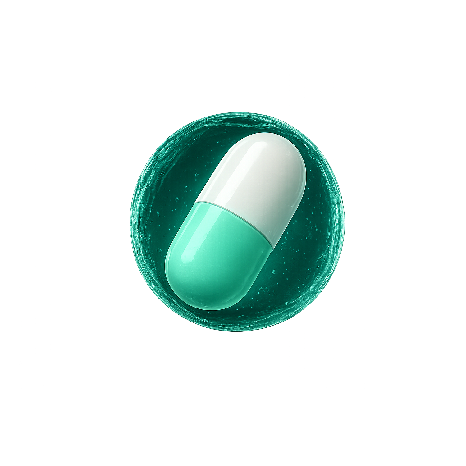 A glossy 3D capsule floating inside a teal orb